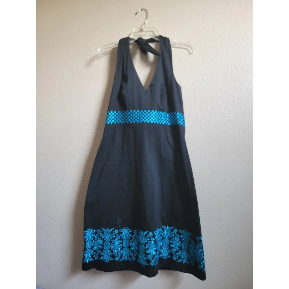 Isadora Collection Women's Embroidered Halter Dress Black w/Blue Accent Size 8